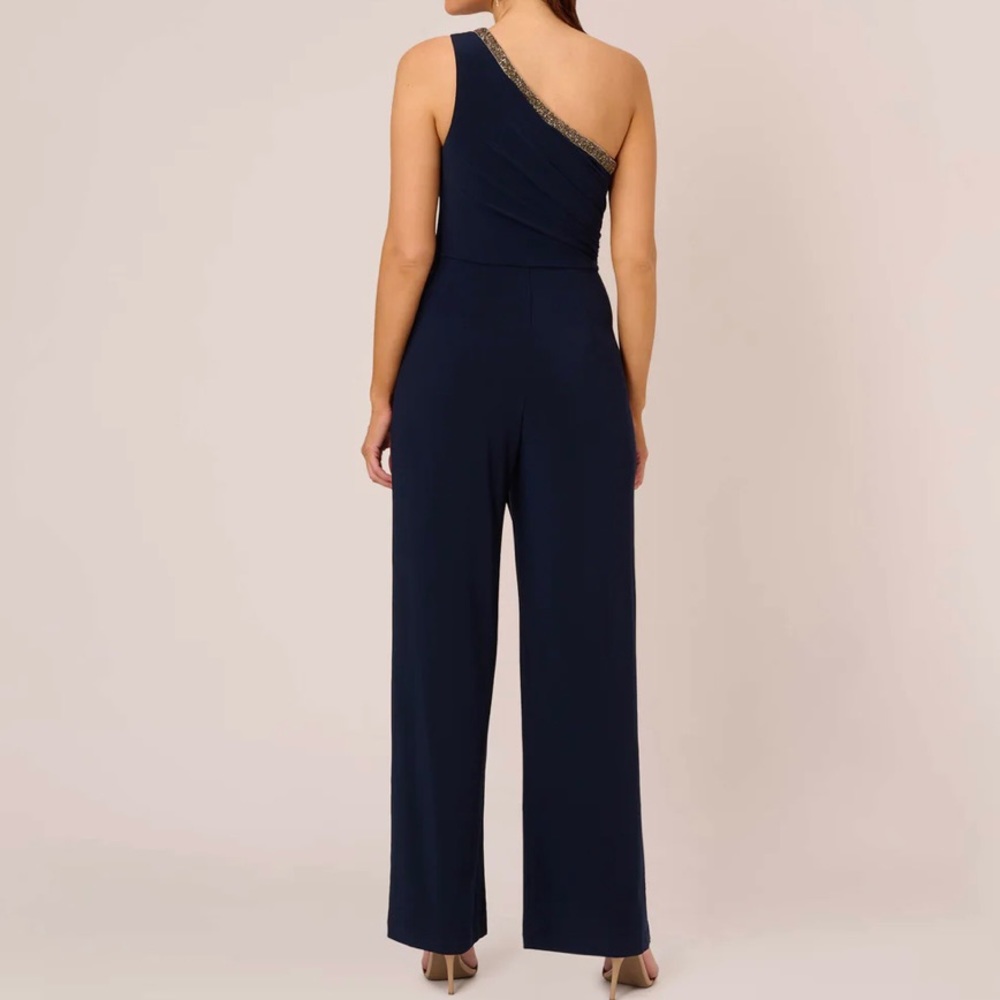 NEW Adriana Papell Beaded One Shoulder Matte Jersey Navy Jumpsuit Size 4 - Picture 2 of 16